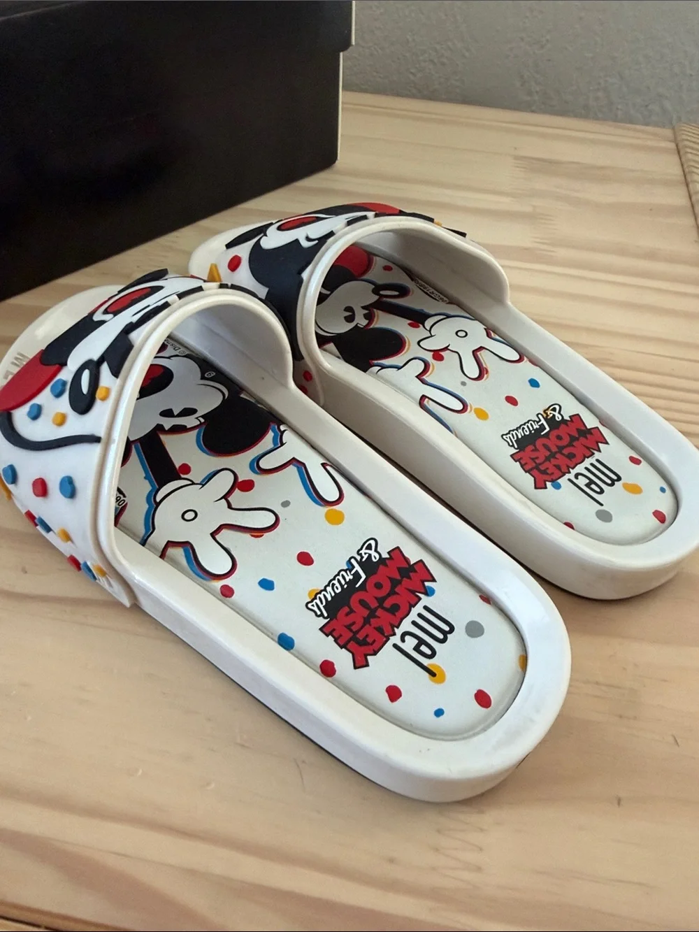 Melissa Mickey Mouse Kids Slide Sandals with Cartoon Print - White, Black, Red